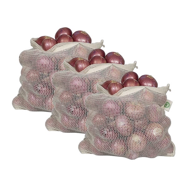 Reusable Onion Storage Bags - Organic Cotton Mesh Onion Bags with Drawstring - Washable Net Onion Sacks - Potato Storage Bags (3 X-Large)