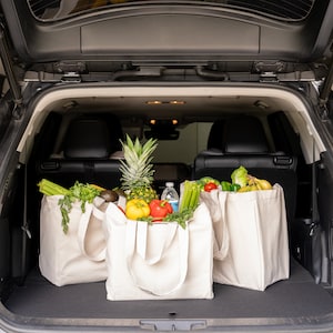 May include: Three off-white canvas tote bags filled with fresh groceries including a pineapple, yellow and red bell peppers, celery, leafy greens, bananas, and a clear plastic water bottle, positioned inside the open trunk of a dark vehicle.