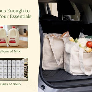 May include: Three off-white canvas tote bags filled with groceries sitting in a car trunk. Text reads: Spacious Enough to Carry Your Essentials, 2 Gallons of Milk, and 24 Cans of Soup. The image shows two milk jugs and a grid of twenty-four soup cans.