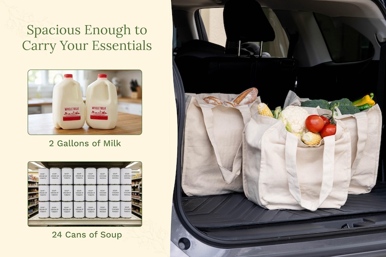 May include: Three off-white canvas tote bags filled with groceries sitting in a car trunk. Text reads: Spacious Enough to Carry Your Essentials, 2 Gallons of Milk, and 24 Cans of Soup. The image shows two milk jugs and a grid of twenty-four soup cans.