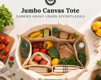 May include: A beige canvas tote bag with multiple internal compartments filled with groceries including bananas, tomatoes, apples, bread, broccoli, and bottles. The text "Jumbo Canvas Tote" and "CARRIES HEAVY LOADS EFFORTLESSLY" is printed above the bag.