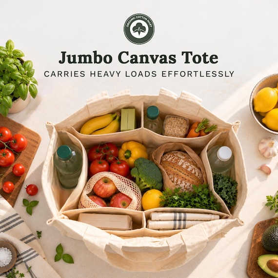 Extra-Large Jumbo Canvas Grocery Tote with 6 Bottle Sleeves, 100 lbs Capacity, Foldable Shopping Bag, Dual Handles, 14.5”x9.5”x15.5”