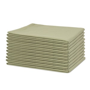 Op de afbeelding: Een stapel saliegroene stoffen servetten. De servetten zijn netjes opgevouwen en opgestapeld, wat een strakke, minimalistische uitstraling geeft. De stof lijkt een zacht, geweven materiaal te zijn, geschikt voor gebruik in de eetkamer of keuken.