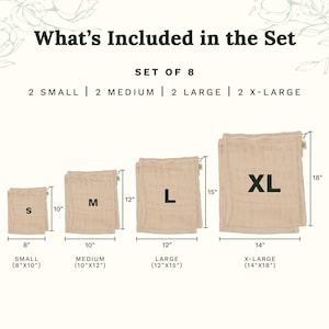 May include: A set of 8 beige drawstring bags in four sizes: small (8"x10"), medium (10"x12"), large (12"x15"), and extra-large (14"x18"). The text reads: What's Included in the Set, SET OF 8, 2 SMALL, 2 MEDIUM, 2 LARGE, 2 X-LARGE, S, M, L, XL.