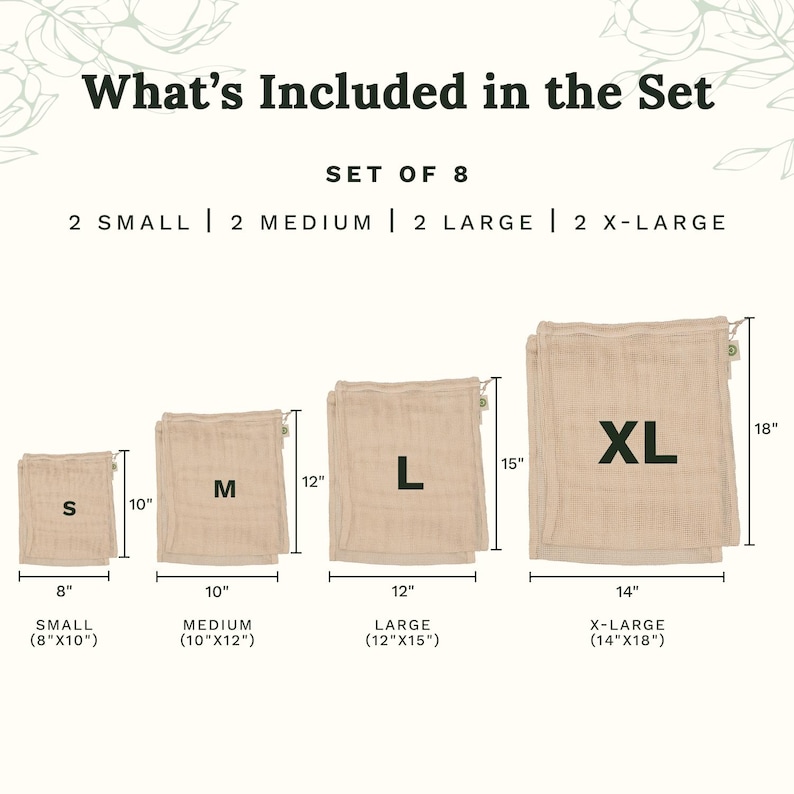 May include: A set of 8 beige drawstring bags in four sizes: small (8"x10"), medium (10"x12"), large (12"x15"), and extra-large (14"x18"). The text reads: What's Included in the Set, SET OF 8, 2 SMALL, 2 MEDIUM, 2 LARGE, 2 X-LARGE, S, M, L, XL.
