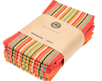 Vibrant Salsa Stripe Cotton Kitchen Towels – Set of 6, Absorbent, and Durable - Large Size (28"x16")