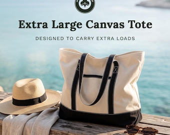 Canvas Tote Bag With Zipper, Extra Large Canvas Tote, Organic Cotton Durable Boat Tote With Pockets for Beach, Shopping & Travel, 21”x16”x5”
