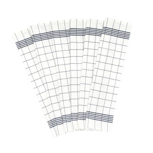 May include: Set of six white kitchen towels with black checkered pattern and black stripes along the edges.
