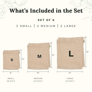 May include: A set of six beige mesh drawstring bags in three sizes. The set includes two small 8-inch by 10-inch bags, two medium 10-inch by 12-inch bags, and two large 12-inch by 15-inch bags. Each bag features a drawstring closure and a small tag.