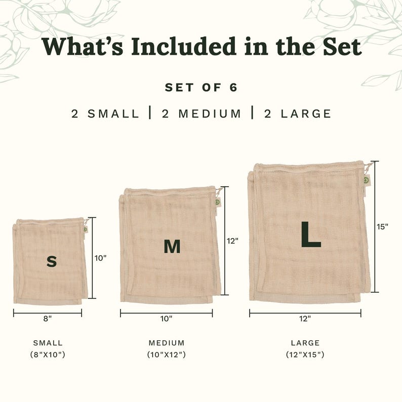 May include: A set of six beige mesh drawstring bags in three sizes. The set includes two small 8-inch by 10-inch bags, two medium 10-inch by 12-inch bags, and two large 12-inch by 15-inch bags. Each bag features a drawstring closure and a small tag.