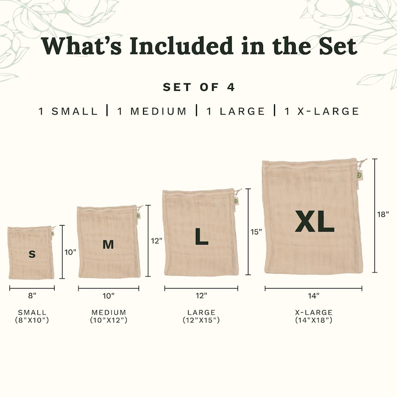 May include: A set of four beige drawstring bags in sizes small, medium, large, and extra-large. The bags are labeled S, M, L, and XL with dimensions ranging from 8 by 10 inches to 14 by 18 inches. Text reads What's Included in the Set, Set of 4.