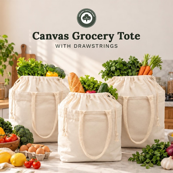 Canvas Grocery Tote Bag With Drawstrings, Organic Cotton Reusable Shopping Bag, Spill Protection, Heavy Duty, Foldable, 17.5”x14”x6.5”