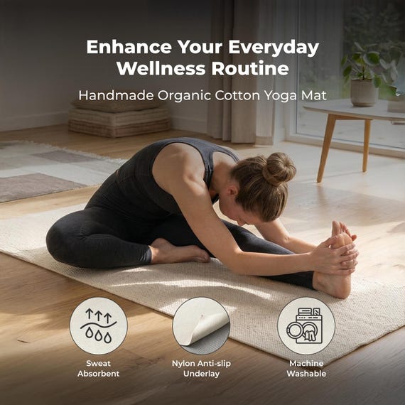 Cotton Yoga Mat, Organic Cotton Handmade Yoga Mat for Workout and Meditation, Non Slip, Foldable, Portable, Perfect as Yoga Gift, 78”x27”