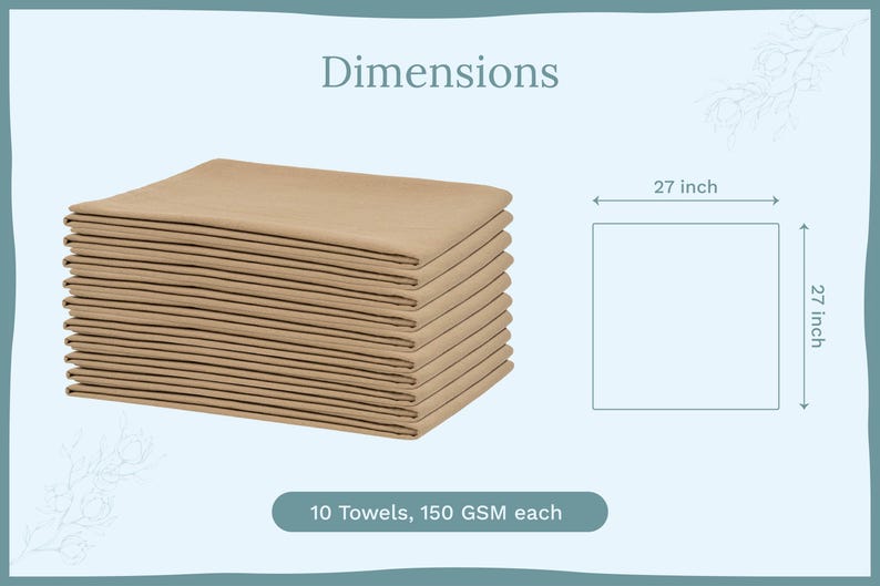 Op de afbeelding: Een stapel van tien beige handdoeken, elk 68,58 cm vierkant, wordt getoond. De afbeelding bevat de tekst "Afmetingen" en "10 handdoeken, 150 GSM elk". De handdoeken zijn netjes opgevouwen, wat een nette en georganiseerde presentatie laat zien.