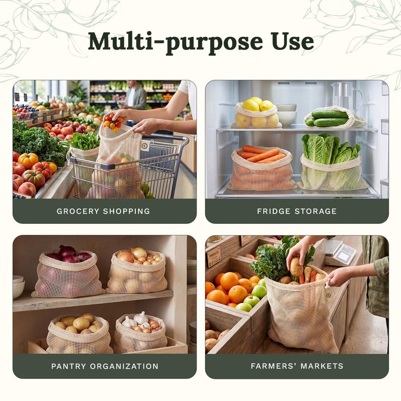 May include: A set of beige mesh produce bags shown in four scenarios: grocery shopping with fresh vegetables, storing lemons and cucumbers in a refrigerator, organizing onions and potatoes in a pantry, and gathering produce at a farmers market.