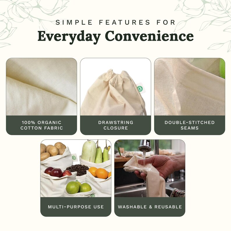 May include: A set of off-white organic cotton produce bags featuring a drawstring closure and double-stitched seams. The image displays the fabric texture, the drawstring mechanism, the seams, and the bags filled with various fruits and vegetables.