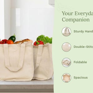 Canvas Grocery Tote With Bottle Sleeves, 6 Pockets, Sturdy, Thick Cotton Canvas Tote, Foldable Shopping Bag, Easy Storage (13.5" x 8" x 14") image 3