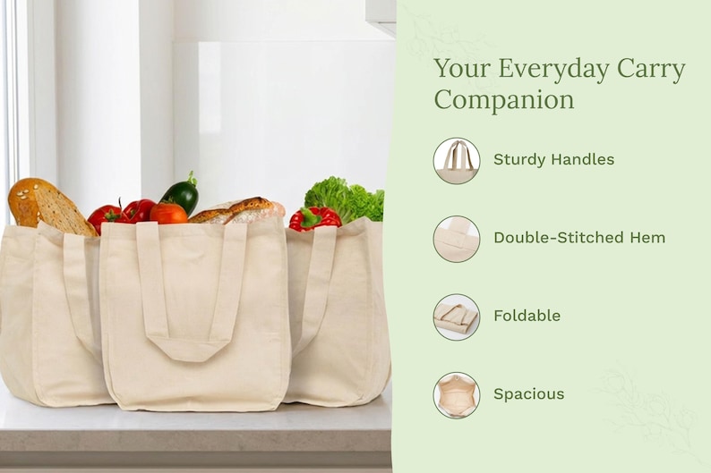 Canvas Grocery Tote With Bottle Sleeves, 6 Pockets, Sturdy, Thick Cotton Canvas Tote, Foldable Shopping Bag, Easy Storage (13.5" x 8" x 14") image 3