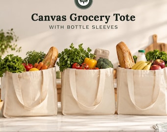 Canvas Grocery Tote With 6 Bottle Sleeves, Sturdy, Thick Cotton Canvas Tote, Foldable Shopping Bag, Easy Storage (13.5" x 8" x 14")