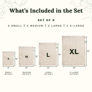 May include: A set of 8 beige drawstring bags in four sizes: small (8x10 inches), medium (10x12 inches), large (12x15 inches), and extra-large (14x18 inches). The text reads: What's Included in the Set, Set of 8, 2 Small, 2 Medium, 2 Large, 2 X-Large.