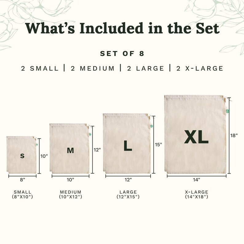 May include: A set of 8 beige drawstring bags in four sizes: small (8x10 inches), medium (10x12 inches), large (12x15 inches), and extra-large (14x18 inches). The text reads: What's Included in the Set, Set of 8, 2 Small, 2 Medium, 2 Large, 2 X-Large.