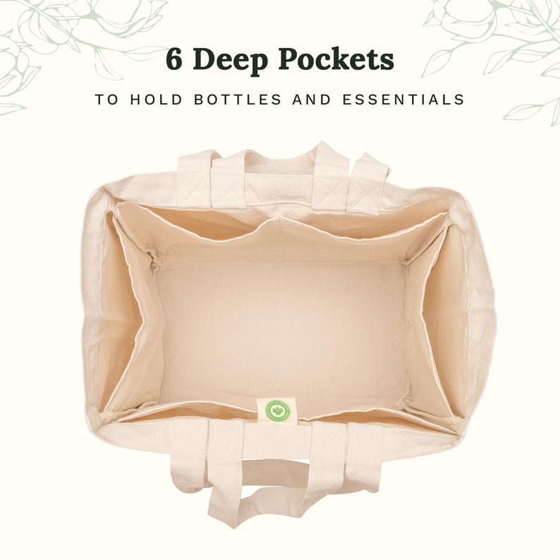 May include: An off-white canvas tote bag viewed from above, featuring six deep interior pockets for storage. The text 6 Deep Pockets TO HOLD BOTTLES AND ESSENTIALS is printed above the bag, which includes a small green circular label inside.
