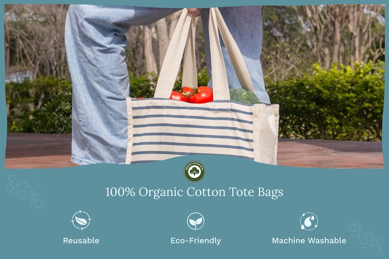 May include: A cream-colored tote bag with horizontal navy blue stripes, featuring two sturdy handles and filled with fresh red tomatoes and broccoli. The text 100% Organic Cotton Tote Bags is displayed below, along with icons for reusable, eco-friendly, and machine washable features.