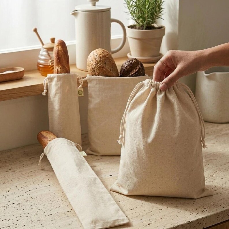 May include: Beige canvas bread bags with drawstring closures. Several bags of different sizes hold various types of bread. A hand is holding one of the bags. A baguette is in a long, narrow bag.