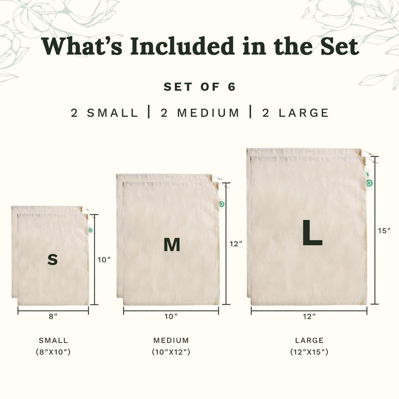 May include: A set of 6 beige drawstring bags featuring two small 8-inch by 10-inch bags, two medium 10-inch by 12-inch bags, and two large 12-inch by 15-inch bags. Each bag is labeled with a black S, M, or L to indicate its size and capacity.