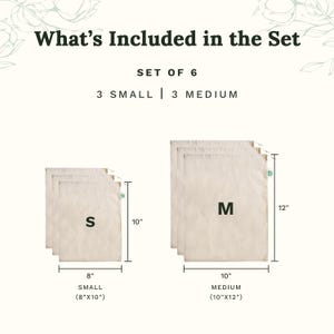 May include: A set of six beige drawstring bags featuring three small bags measuring 8 inches by 10 inches and three medium bags measuring 10 inches by 12 inches. The text reads What's Included in the Set, Set of 6, 3 Small, 3 Medium, S, M.