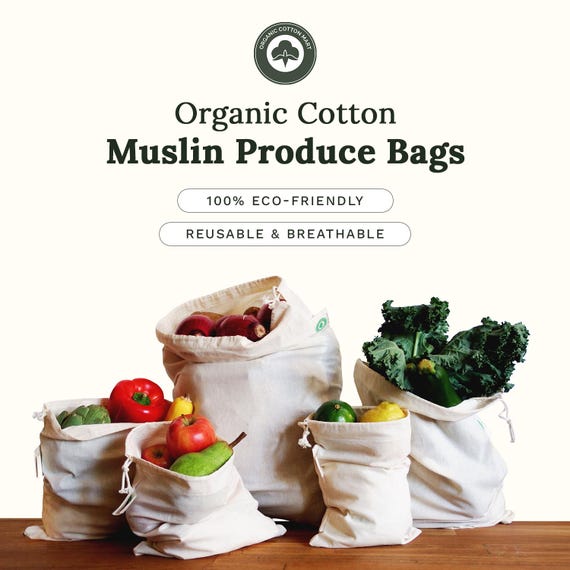 Muslin Produce Bags, Organic Cotton Bags for Grocery Storage, Reusable Produce Bag Set, Cotton Muslin Bags for Vegetables, Fruits & Bread