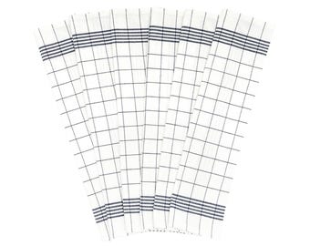 May include: A set of six white tea towels arranged in a fan shape. Each towel features a grid pattern made of thin black lines and a distinct horizontal band of three thicker dark grey stripes near the top and bottom edges.