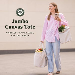 May include: A jumbo canvas tote bag in a natural off-white color, featuring two sturdy handles. The text on the image reads: Organic Cotton Mart, Jumbo Canvas Tote, Carries Heavy Loads Effortlessly. The bag is shown filled with various fresh produce.