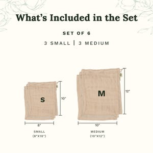 May include: A set of six beige drawstring bags featuring three small bags measuring 8 inches by 10 inches and three medium bags measuring 10 inches by 12 inches. The text reads What's Included in the Set, Set of 6, 3 Small, 3 Medium, S, M.