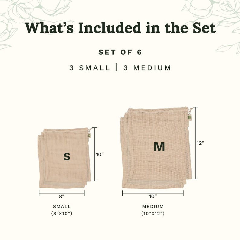 May include: A set of six beige drawstring bags featuring three small bags measuring 8 inches by 10 inches and three medium bags measuring 10 inches by 12 inches. The text reads What's Included in the Set, Set of 6, 3 Small, 3 Medium, S, M.