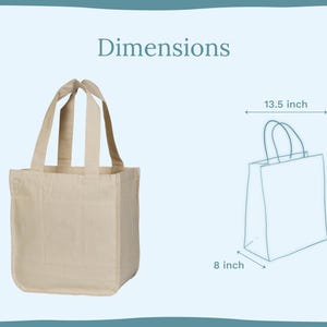 May include: A beige canvas tote bag with two handles. A diagram shows the dimensions as 13.5 inches wide, 14 inches high, and 8 inches deep. The text 'Dimensions' is displayed at the top of the image, providing a clear visual guide for the bag size.