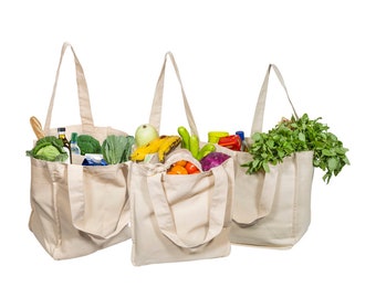 Reusable Grocery Bags with Bottle Sleeves - Organic Cotton Canvas Grocery Shopping Bags - Extremely Sturdy & High Quality Grocery Tote Bags