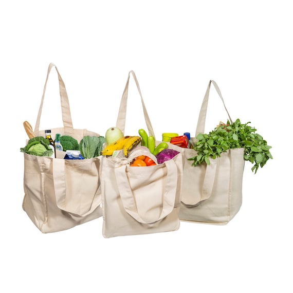Canvas Grocery Tote With Bottle Sleeves, 6 Pockets, Sturdy, Thick Cotton Canvas Tote, Foldable Shopping Bag, Easy Storage (13.5" x 8" x 14")