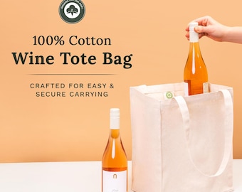 May include: A beige cotton wine tote bag with two handles, positioned next to a bottle of wine. The text reads: 100% Cotton Wine Tote Bag, Crafted for Easy & Secure Carrying, and Organic Cotton Mart. A second wine bottle is being placed inside.