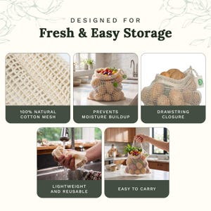 May include: A set of beige cotton mesh produce bags featuring a drawstring closure. The bags are designed for fresh storage, preventing moisture buildup, and are lightweight and reusable. Text includes 'DESIGNED FOR Fresh & Easy Storage'.