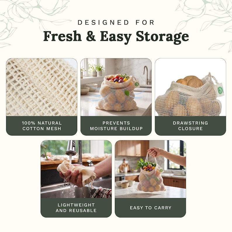 May include: A set of beige cotton mesh produce bags featuring a drawstring closure. The bags are designed for fresh storage, preventing moisture buildup, and are lightweight and reusable. Text includes 'DESIGNED FOR Fresh & Easy Storage'.