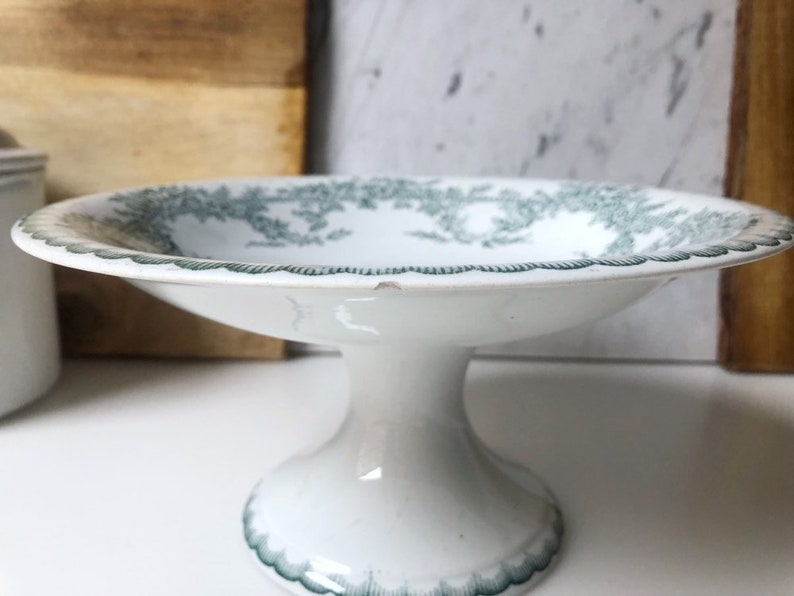 Vintage french transferware footed cake stand compote bowl fruit bowl