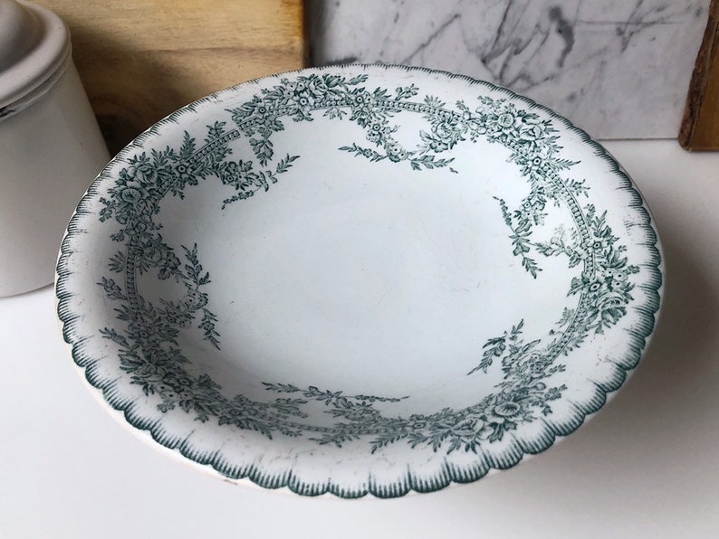 Vintage french transferware footed cake stand compote bowl fruit bowl