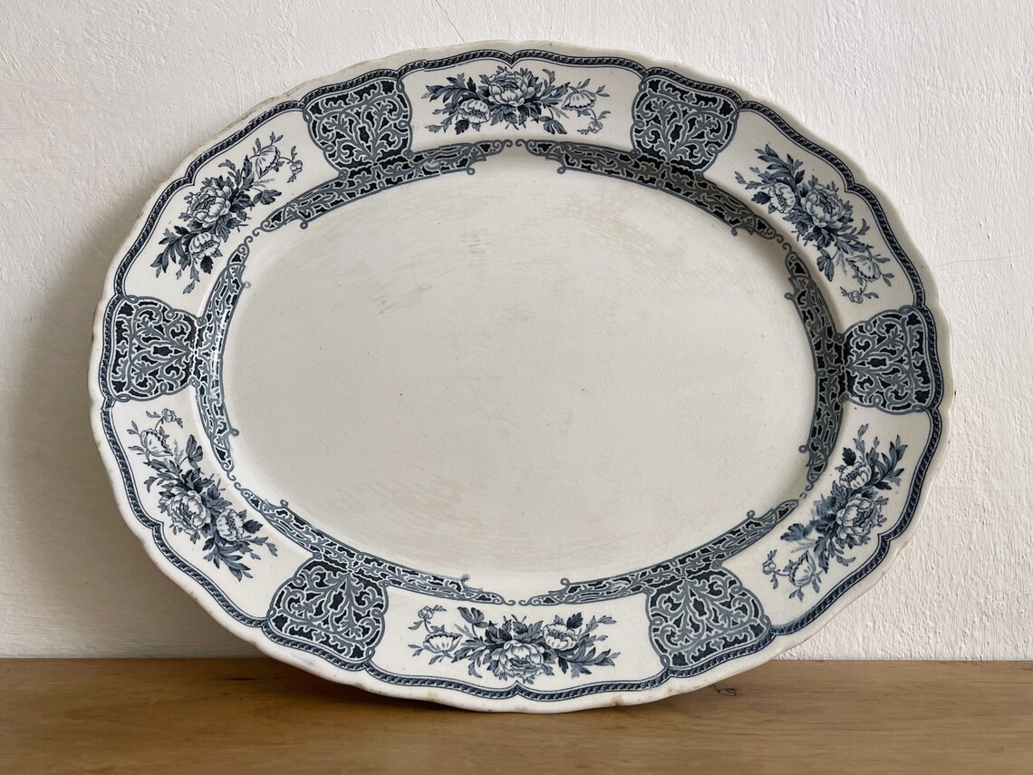 Large Blue and White Floral Serving Platter Marked parisian Etsy