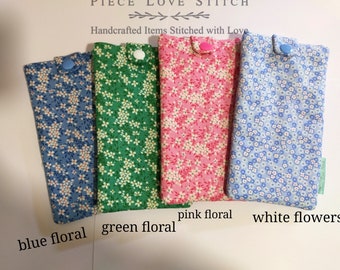 Glasses Case, Floral prints, Soft padded cotton, 5 colour choices, snap closure, washable, slim fit in handbag