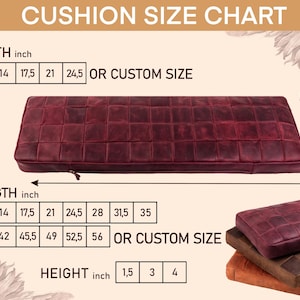 Puede incluir: Un coj&iacute;n rectangular de cuero color burdeos con un patr&oacute;n de cuadr&iacute;cula cosida y una cremallera lateral. La imagen incluye una tabla de tallas CUSHION SIZE CHART con opciones de ancho, largo y alto en pulgadas de 10.5 a 56 o tama&ntilde;os personalizados.