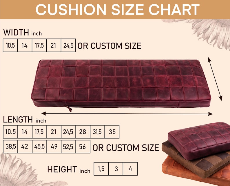 Puede incluir: Un coj&iacute;n rectangular de cuero color burdeos con un patr&oacute;n de cuadr&iacute;cula cosida y una cremallera lateral. La imagen incluye una tabla de tallas CUSHION SIZE CHART con opciones de ancho, largo y alto en pulgadas de 10.5 a 56 o tama&ntilde;os personalizados.