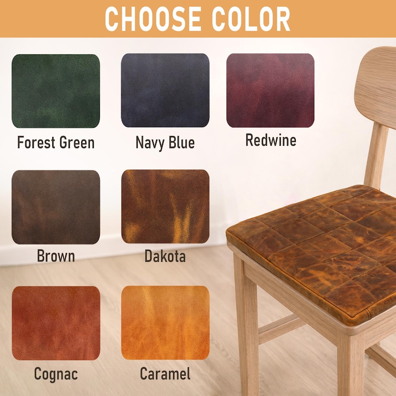 Puede incluir: Una tabla de selecci&oacute;n de colores para coj&iacute;n de silla con siete muestras etiquetadas Forest Green, Navy Blue, Redwine, Brown, Dakota, Cognac y Caramel, junto a una silla de madera clara con un coj&iacute;n de asiento de textura de cuero marr&oacute;n.