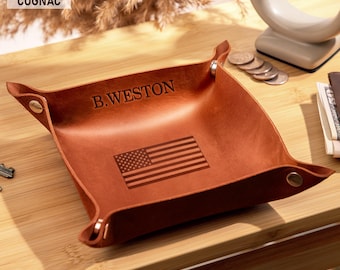 Bandeja de escritorio - Regalo para el Día del Padre - Bandeja de cuero personalizada, bandera estadounidense, el mejor regalo para papá
