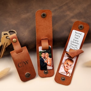 Fotosleutelhanger voor heren - lederen jubileum, cadeau voor man, gegraveerde sleutelhanger, sleutelhanger aangepaste naam